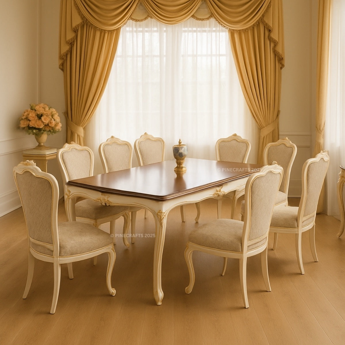 Dining room with a wooden table and beige chairs in a well-lit room.